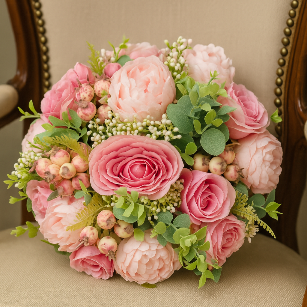 A wedding bouquet featuring pink roses and ranaculus