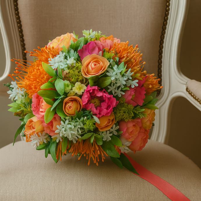 Wedding bouquet of peach silk roses & orange protea