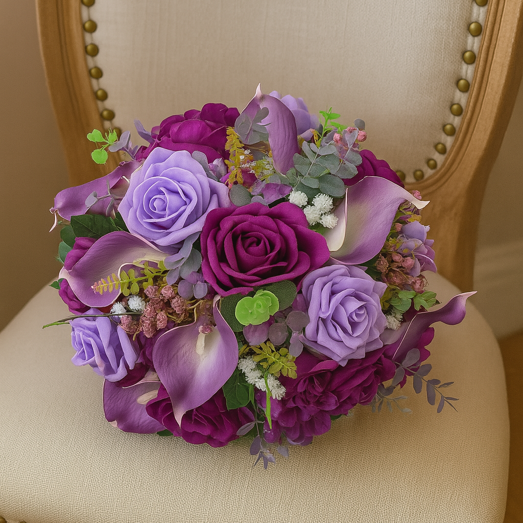 artificial wedding bouquet of purple silk flowers