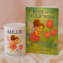 Personalized fairy-themed money box and book titled 'Rose and the Tulip Wish' on a soft pink background.