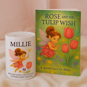 Personalized fairy-themed money box and book titled 'Rose and the Tulip Wish' on a soft pink background.