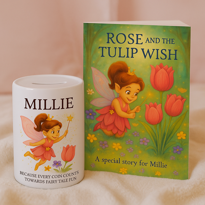 Personalized fairy-themed money box and book titled 'Rose and the Tulip Wish' on a soft pink background.