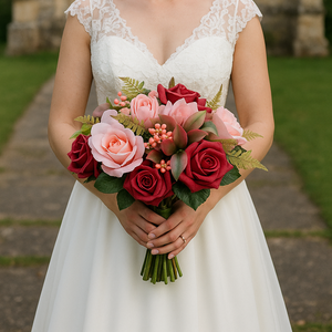 a wedding bouquet of roses and dahlia