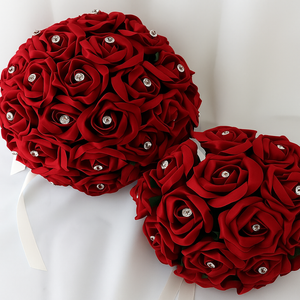 A wedding bouquet collection of red foam roses with diamante centres