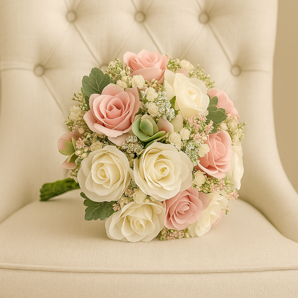 A wedding bouquet of ivory and dusky pink artificial flowers