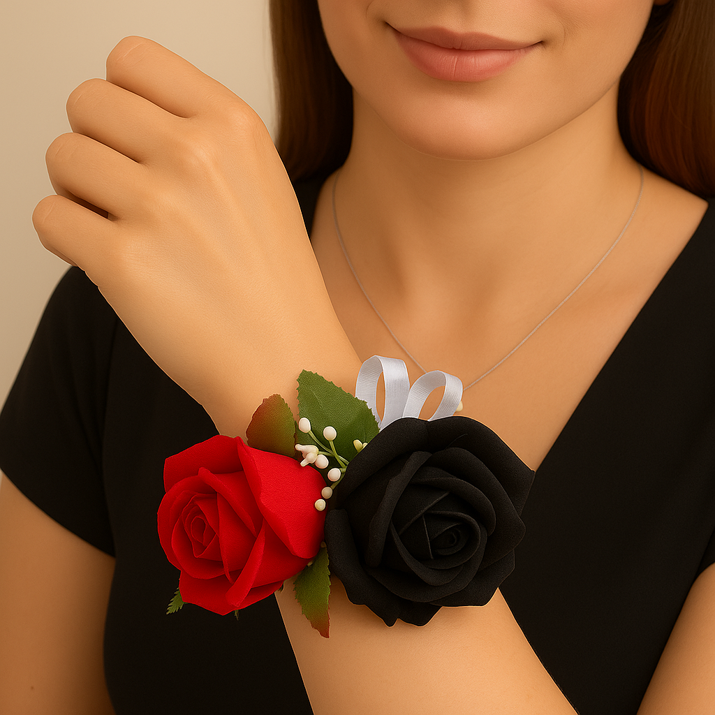 A flower corsage featuring black and red foam roses