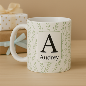 Personalized Mug and Coaster – Custom Name Floral Initial Gift with Leaf sprig Design for Her
