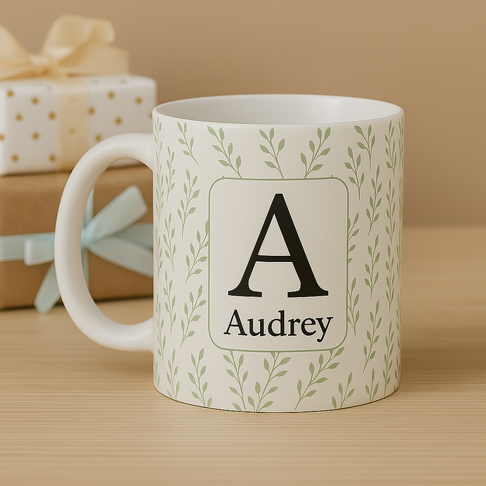 Personalized Mug and Coaster – Custom Name Floral Initial Gift with Leaf sprig Design for Her