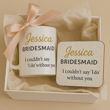 personalised Mug & Coaster Gift Set – gold custom name bridesmaid gift
