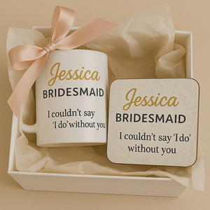 personalised Mug & Coaster Gift Set – gold custom name bridesmaid gift