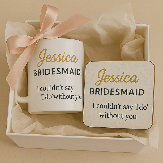 personalised Mug & Coaster Gift Set – gold custom name bridesmaid gift