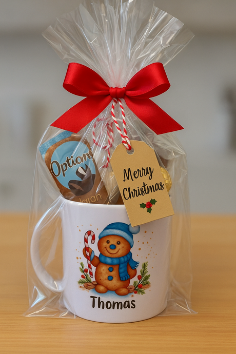 a christmas ceramic mug, hot chocolate marsh mallows, chocolate & sweets