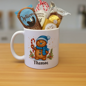 a christmas ceramic mug, hot chocolate marsh mallows, chocolate & sweets