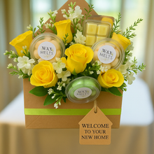 wax melts new home gift & yellow roses arranged in kraft box, special occasion