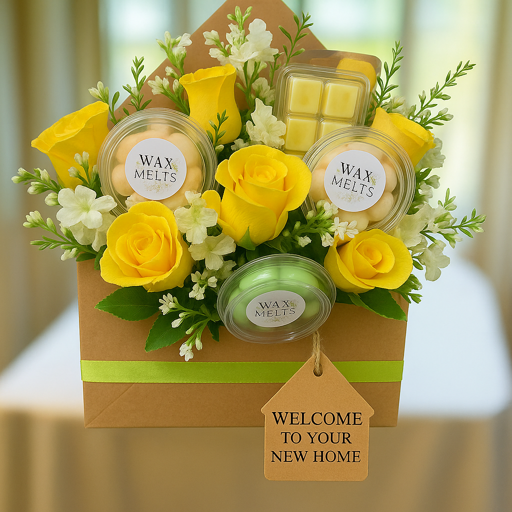 wax melts new home gift & yellow roses arranged in kraft box, special occasion