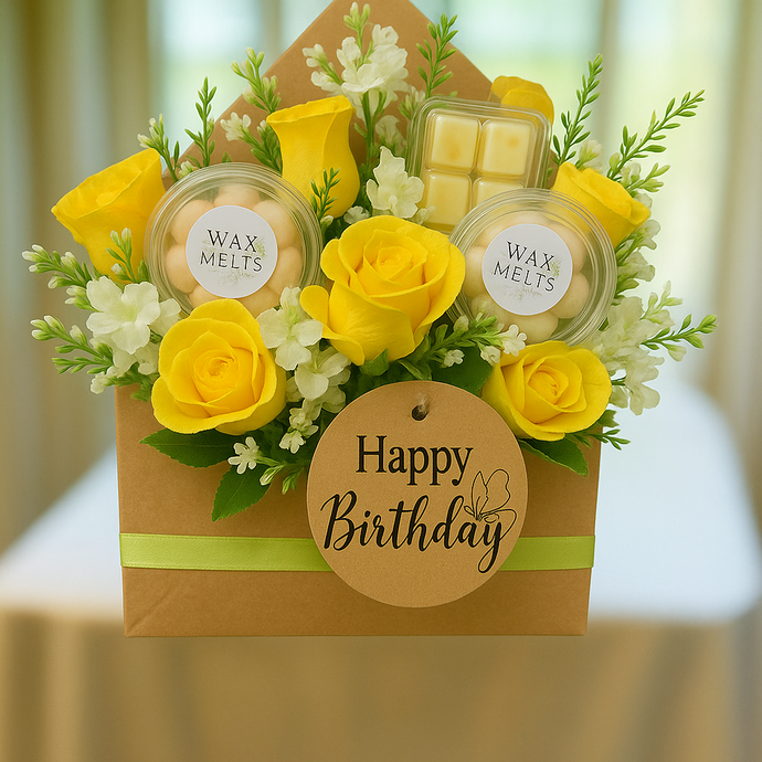 wax melts gift & yellow roses arranged in kraft box, special occasion gift