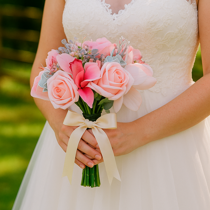 artificial wedding bouquet of roses and orchids