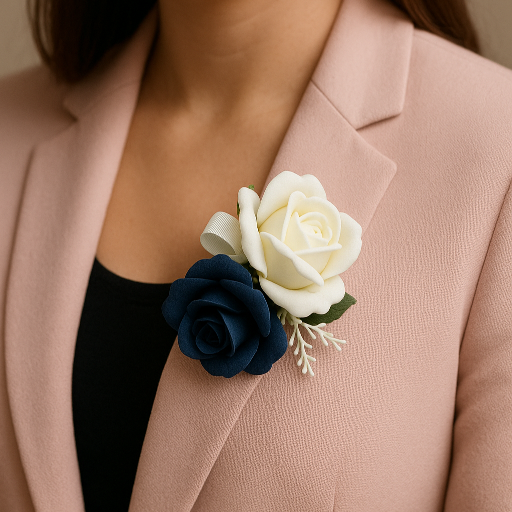 navy and ivory artificial rose corsage