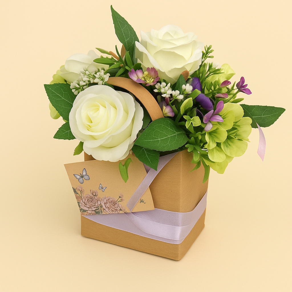 A flower arrangement of artificial roses in a gift bag