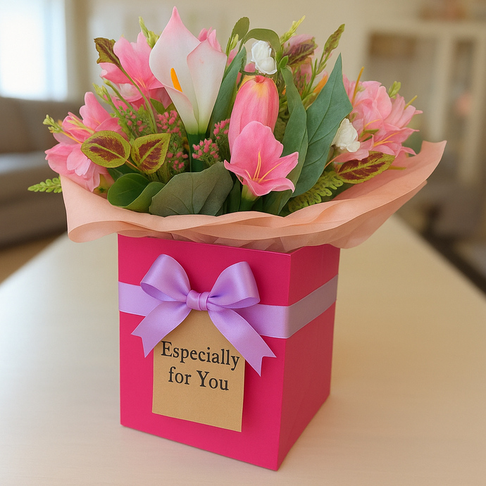 artificial silk pink flower bush of tulips, lilies and foliage in cerise gift bag