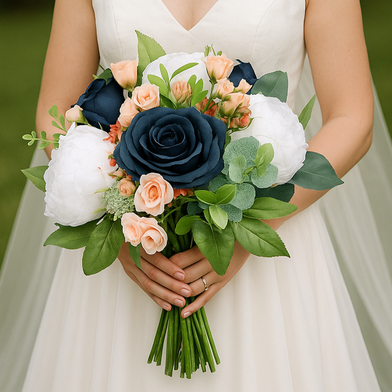 Wedding bouquet of artificial faux silk roses and peony flowers