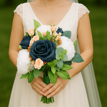 Wedding bouquet of artificial faux silk roses and peony flowers