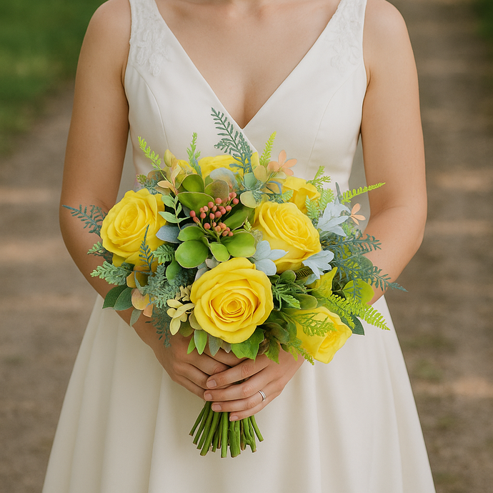 wedding bouquet of artificial yellow roses