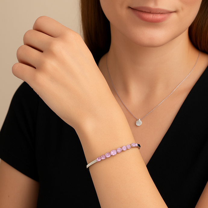 Simulated Pink Sapphire Bangle Coated in Platinum