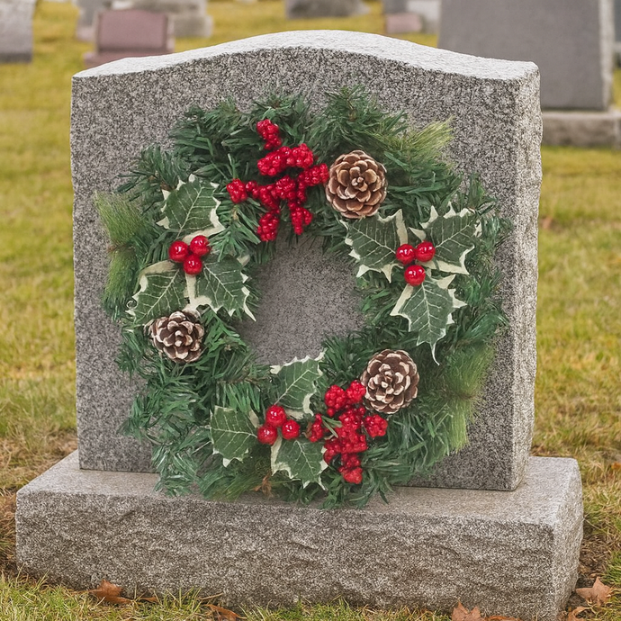 an artificial pine christmas wreath with cones and berries