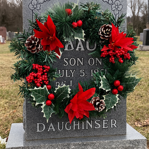 An artificial pine christmas wreath with holly and poinsettia