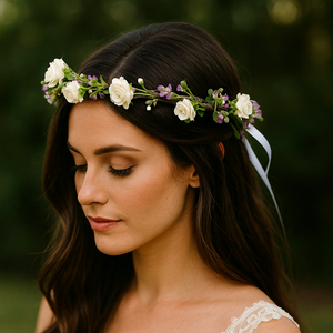 a flower crown of white and lilac artificial flowers