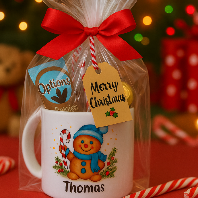 Gift-wrapped mug with a Christmas design, red ribbon, and 'Merry Christmas' tag on a festive background.