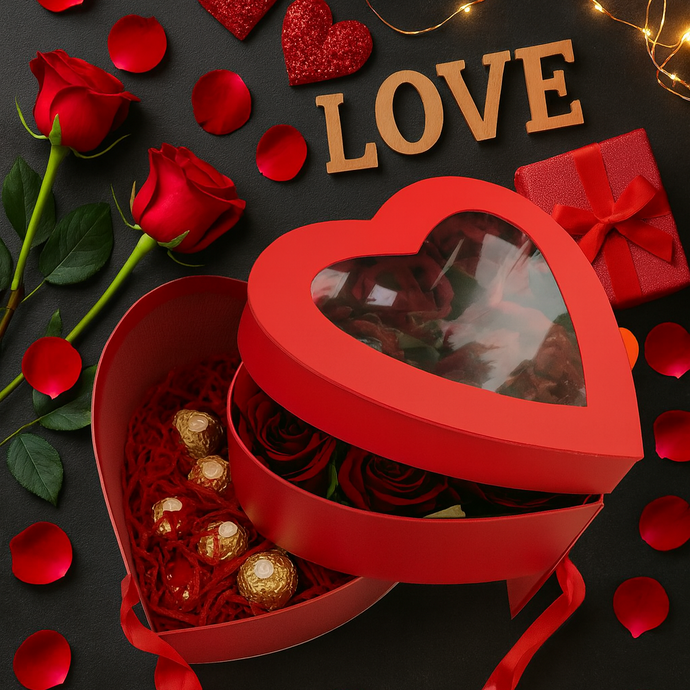 Heart-shaped gift box with roses and chocolates on a dark background with 'LOVE' text