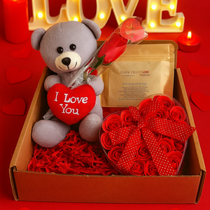 Valentine’s Gift Box with Teddy, Soap Roses, Rose Lingerie & Love Potion Bath Salts