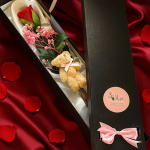 Valentine’s Rose & Teddy Gift Box – Romantic Single Rose with Mini Bear with dried gypsophilia