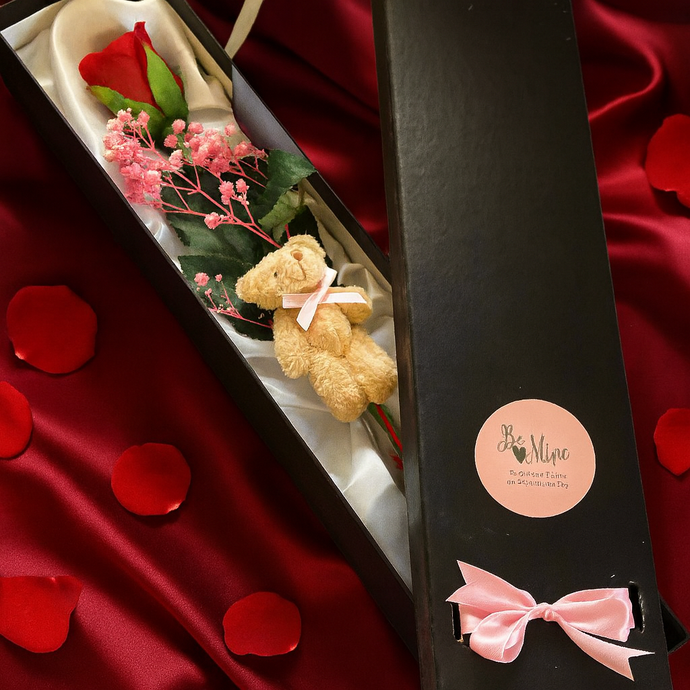 Valentine’s Rose & Teddy Gift Box – Romantic Single Rose with Mini Bear with dried gypsophilia