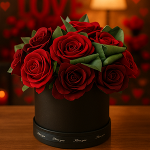 A Large flower design featuring Faux Silk Red Roses in Hat Box