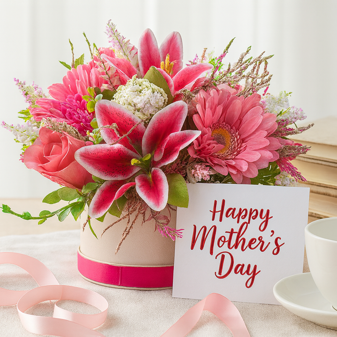 A flower arrangement in cream hat box