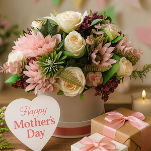 An arrangement of peach and burgundy flowers in cream hat box