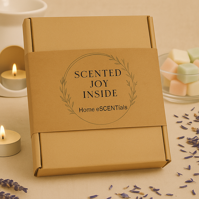 Brown box labeled 'Scented Joy Inside' with wax melts inside candles and lavender flowers on a soft background