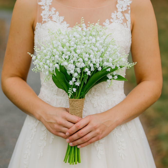 A wedding bouquet of pure white artificial lily of the valley flowers