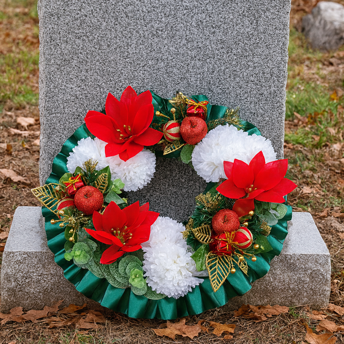a memorial christmas wreath featuring baubles, cones and poinsettia