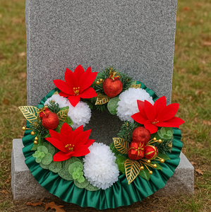 a memorial christmas wreath featuring baubles, cones and poinsettia