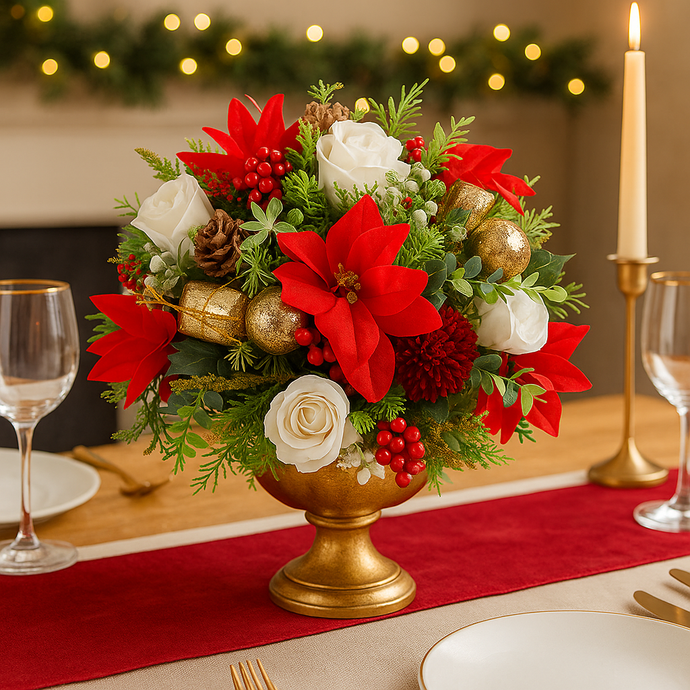 A Christmas red and gold flower arrangement in gold urn