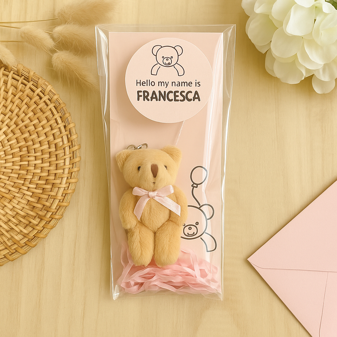 personalised petite plush jointed teddy bear with pink ribbon bow - key ring gift