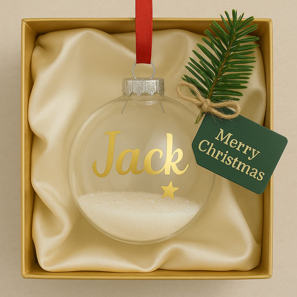 Christmas ornament with 'name' and a star, tied with a green tag reading 'Merry Christmas', in a gold box.