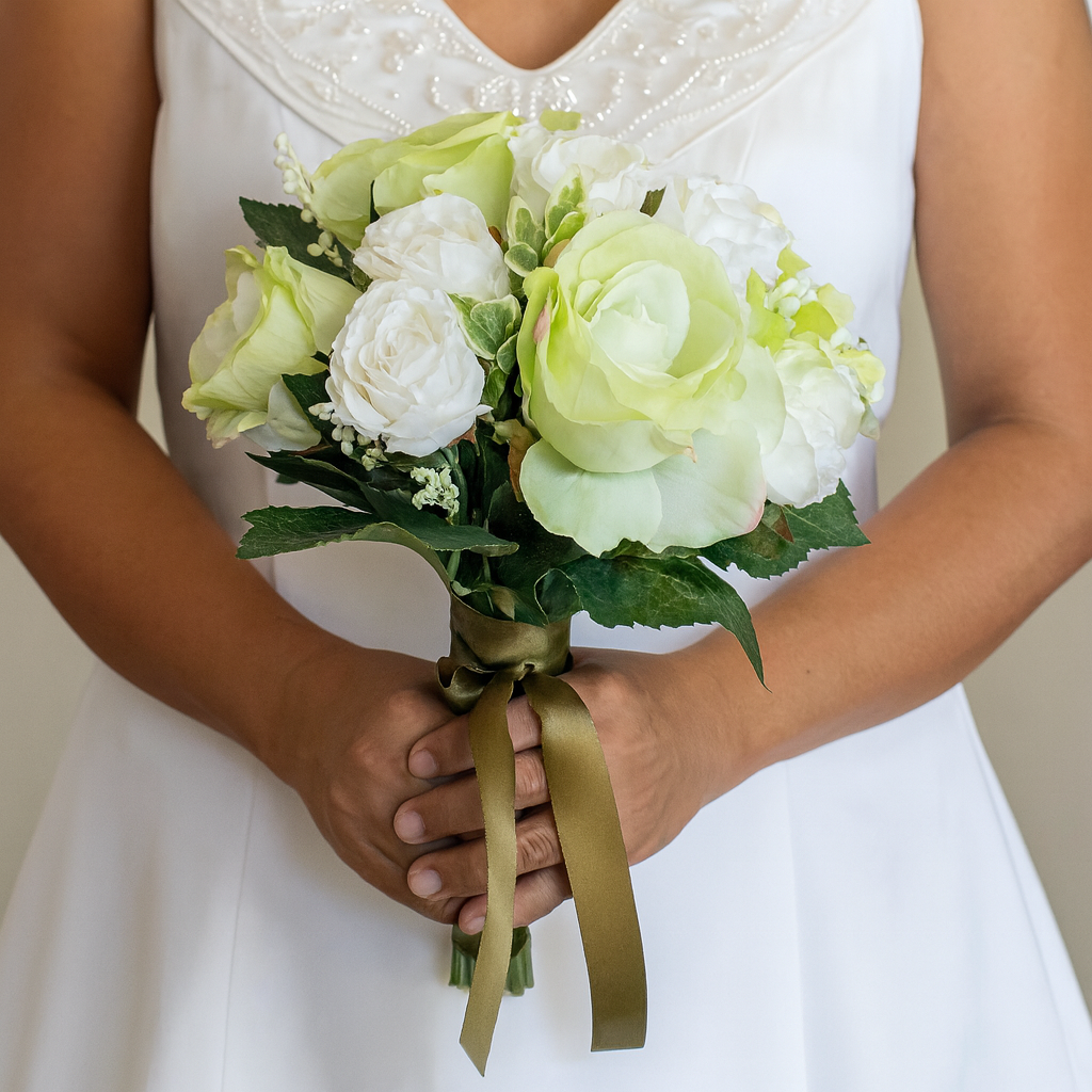 Artificial Bridal Bouquet – Green & White Rose Wedding Flowers, Silk Bride’s Bouquet with green Ribbon Wrap