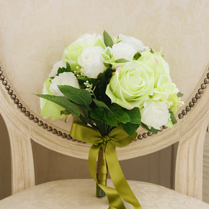 Artificial Bridal Bouquet – Green & White Rose Wedding Flowers, Silk Bride’s Bouquet with green Ribbon Wrap