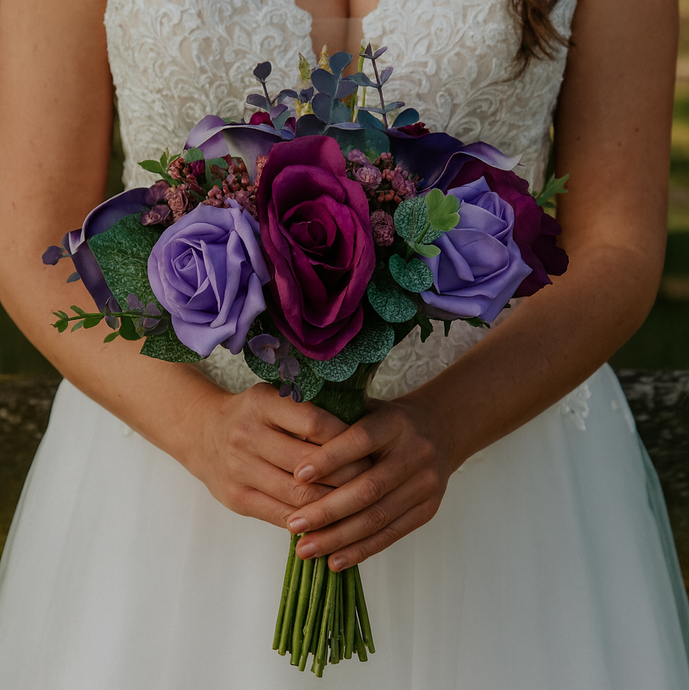 Bouquet of purple and green flowers held by a person in a white dress.