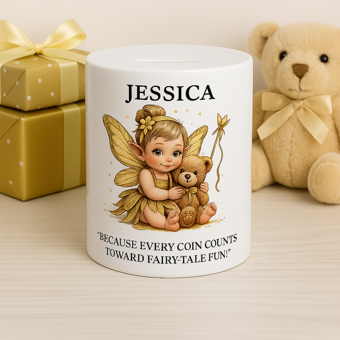 Personalised Fairy Money Box - Gift for Girls, Custom Name gold colour Piggy Bank